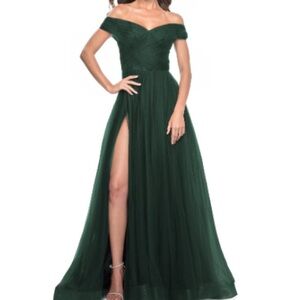 La Femme Off-Shoulder Dark Green Prom Dress